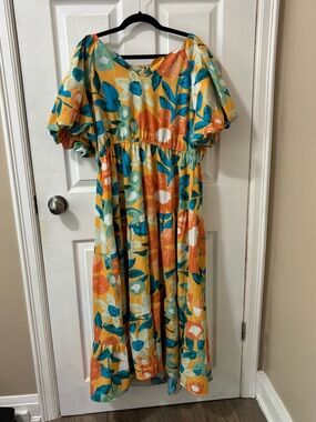 Floral Puff-Sleeve Midi Dress in Yellow and Teal